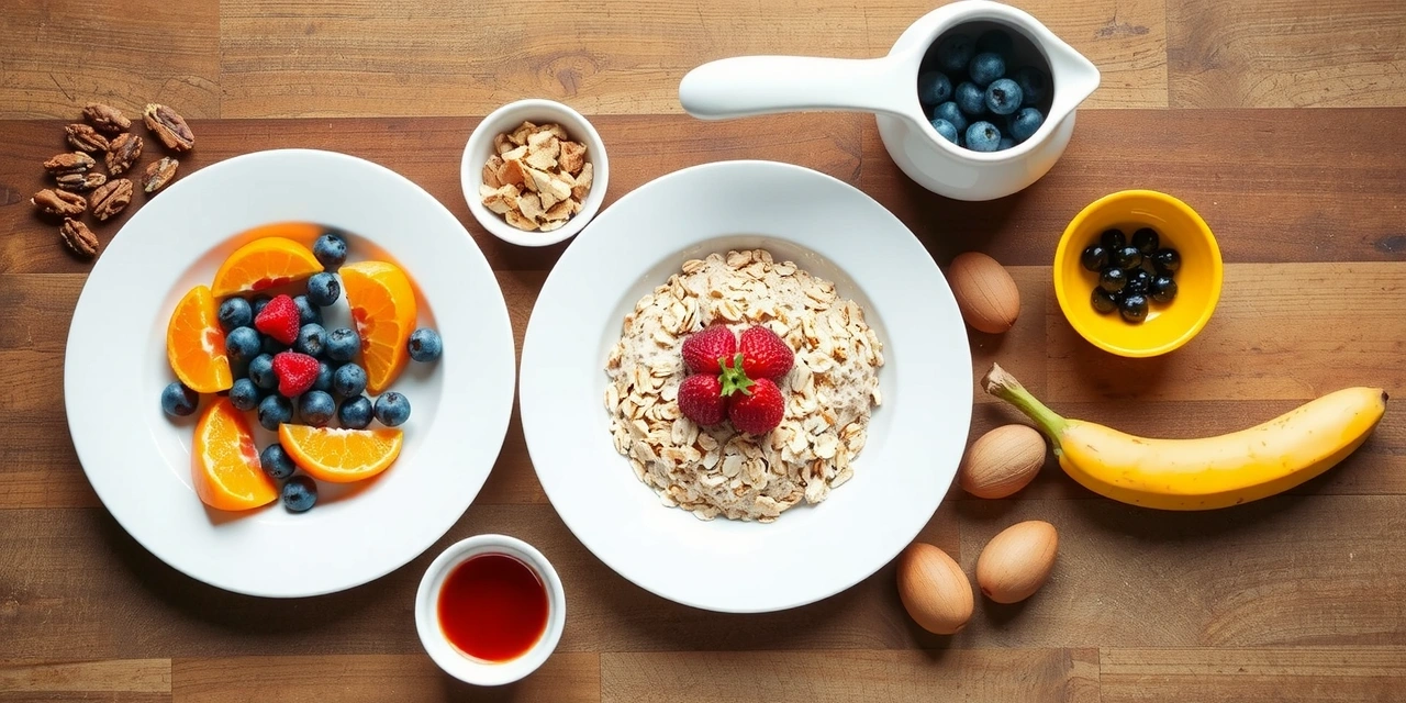 Zdrowe śniadanie na drewnianym stole - owsianka z owocami i orzechami