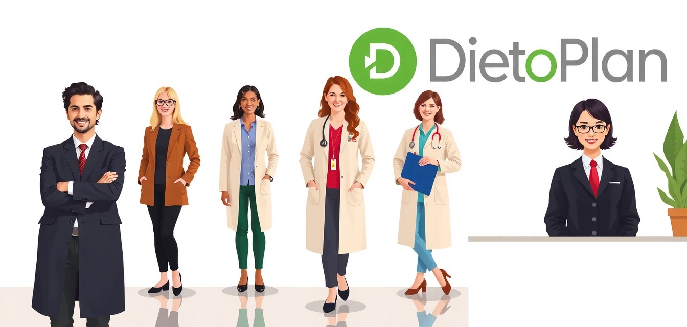 Zespół dietetyków Dietoplanpl w nowoczesnym biurze - profesjonaliści w białych fartuchach z uśmiechami